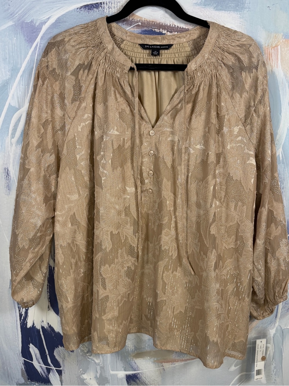 Zac & Rachel Woman Taupe Sand Beige Metallic Floral Blouse 1X Long Sleeve Boho